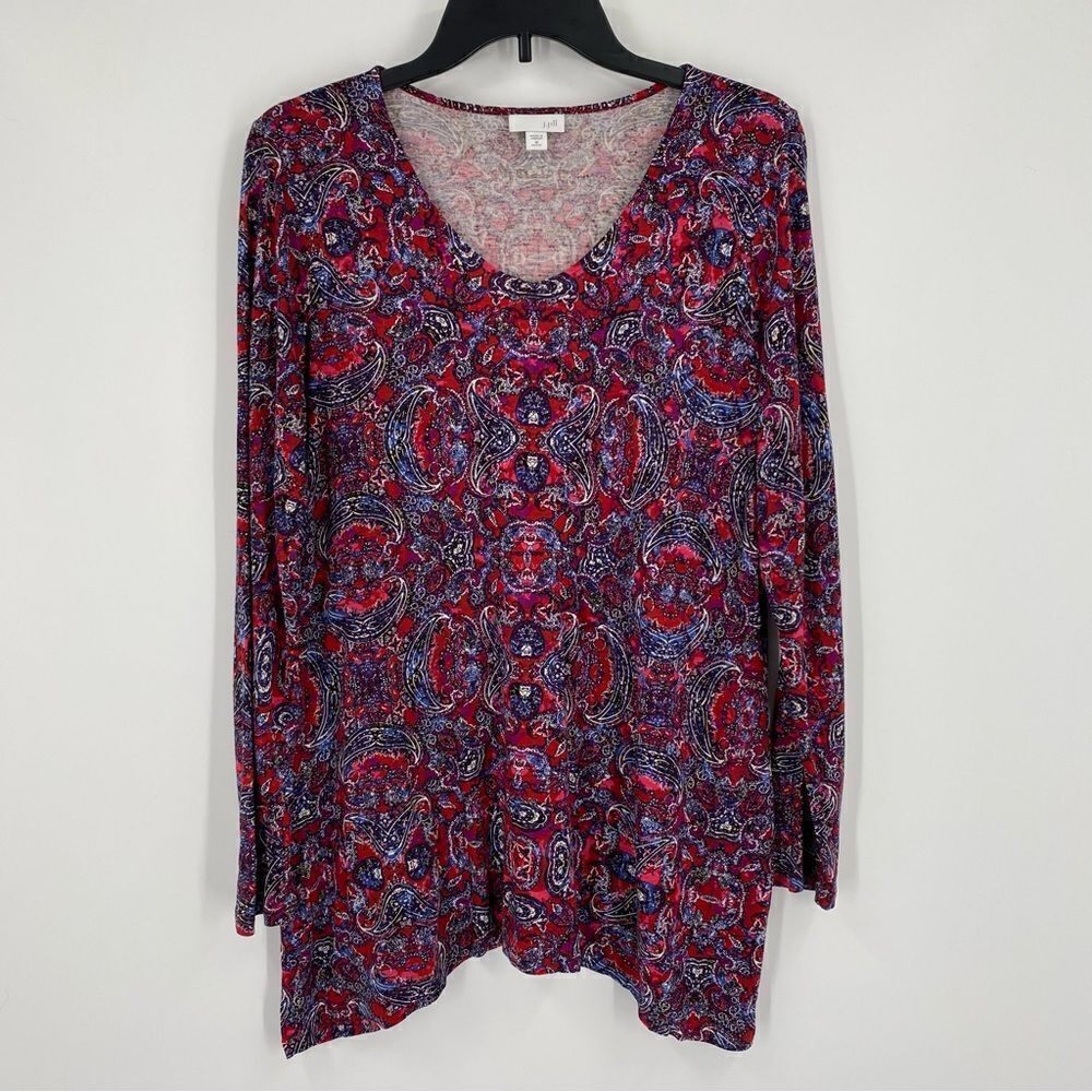 J. Jill Women’s V Neck Long Sleeve Paisley Print Red Tunic Size M Petite